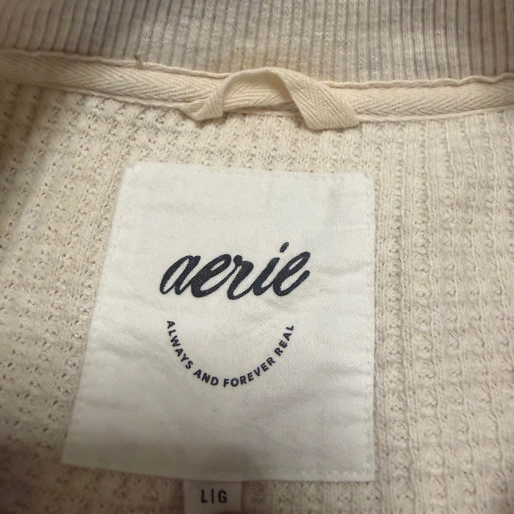 Aerie Womens Oversized Crewneck Sweatshirt Oatmeal Beige Waffle Sleeve Large - Picture 3 of 3
